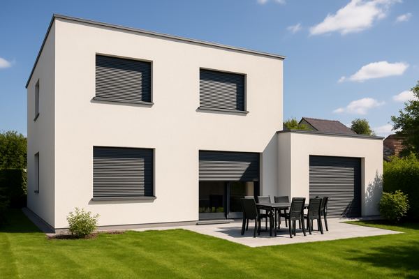 Maison moderne belge avec fenêtres équipées de volets roulants en aluminium intégrés sous enduit — Dépannage Volet Aluprof