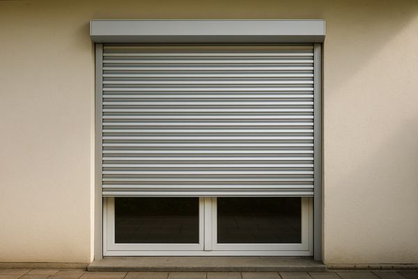 Volet roulant en aluminium épais et robuste fermé sur une porte-fenêtre, vue extérieure, sentiment de sécurité — Dépannage Volet Aluprof