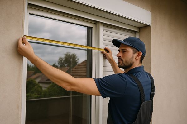 Technicien qui mesure une baie avec un mètre ruban avant la pose d'un volet roulant — Dépannage Volet Aluprof